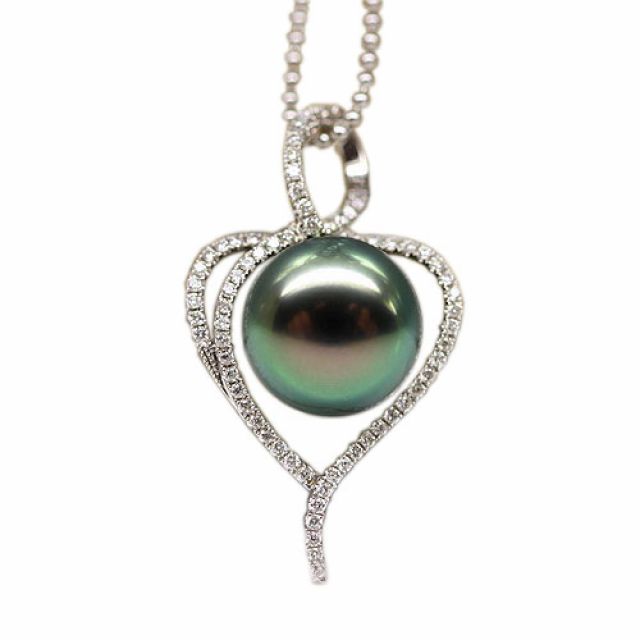 Pendentif coeur - Déclaration d'amour - Perle Tahiti - Or blanc, diamants