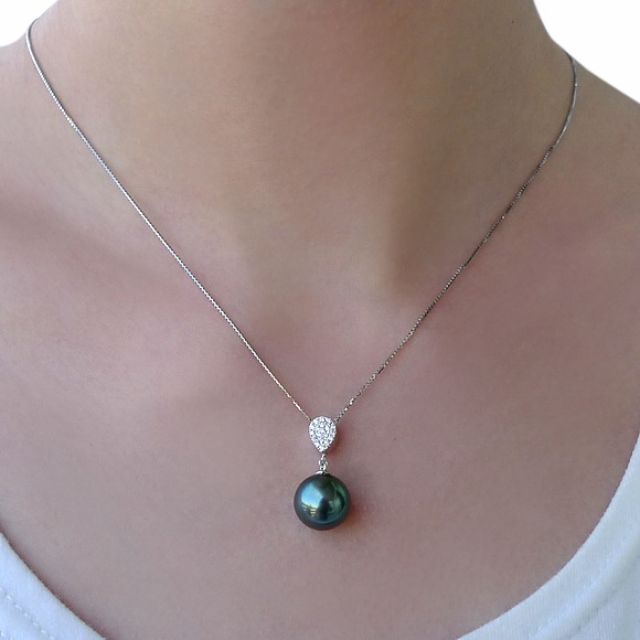 Collier pendentif or blanc et perle de Tahiti - Pendant nacré