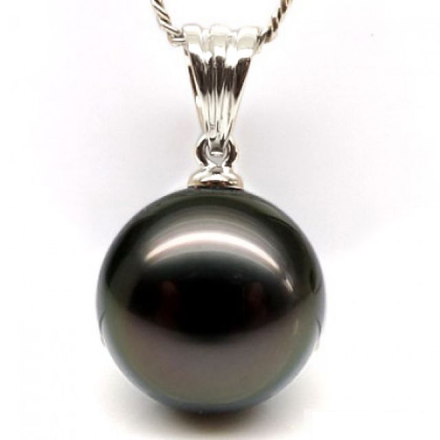 Pendentif bélière or blanc striée - Perle de Tahiti noire, bronze