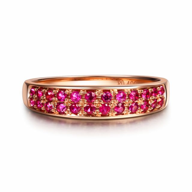 Bague or rose demi tour rubis - 2 rangées de pierres pavées