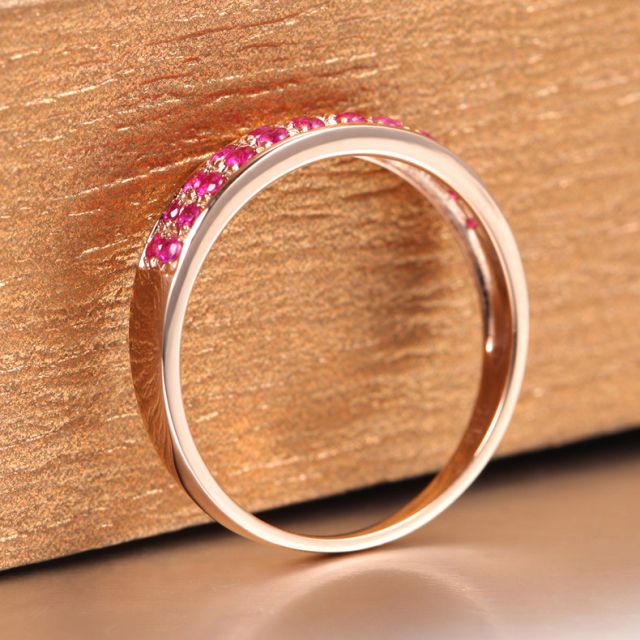 Bague or rose demi tour rubis - 2 rangées de pierres pavées