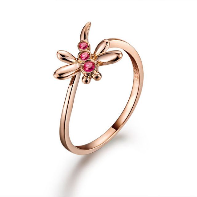 Bague libellule en or rose et rubis