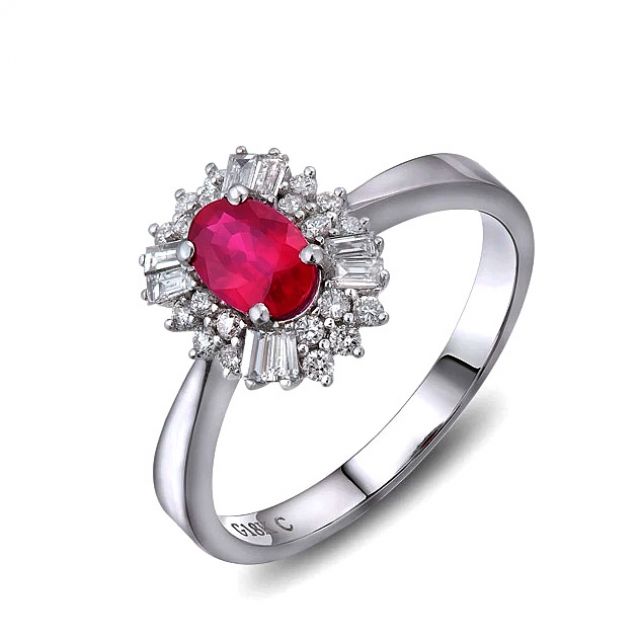 Bague fiançailles rubis, diamants or blanc