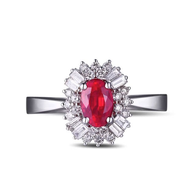 Bague fiançailles rubis, diamants or blanc