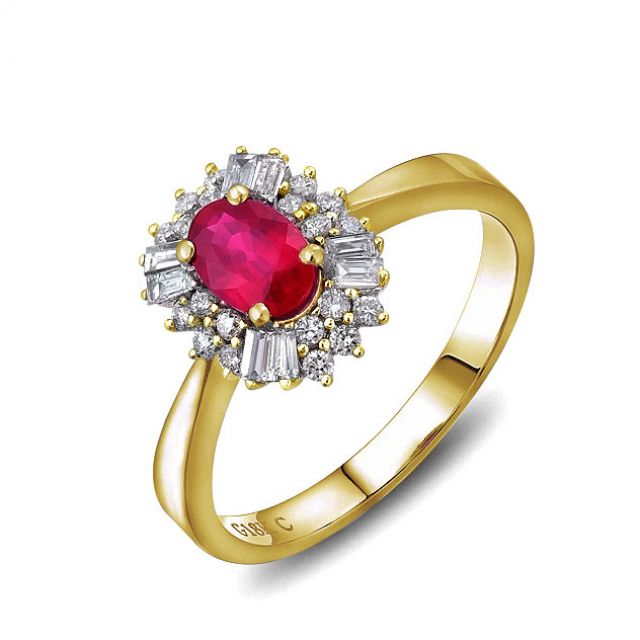 Bague fiançailles rubis, diamants or jaune