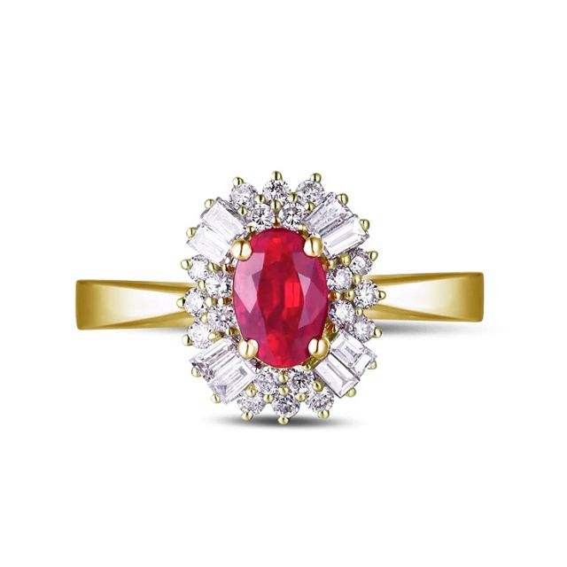 Bague fiançailles rubis, diamants or jaune