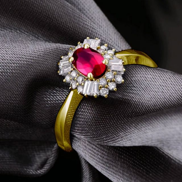 Bague fiançailles rubis, diamants or jaune