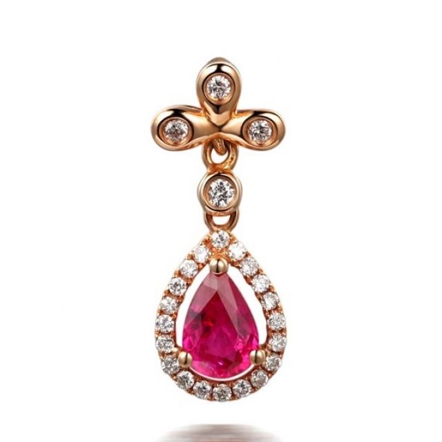 Pendentif croix latine or rose - Rubis et diamants en pendeloque