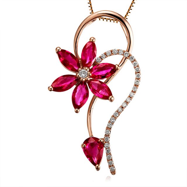 Pendentif Fleur en or rose -  Rubis et diamants sertis