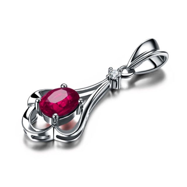 Pendentif solitaire - Or blanc - Rubis et diamant en pendeloque