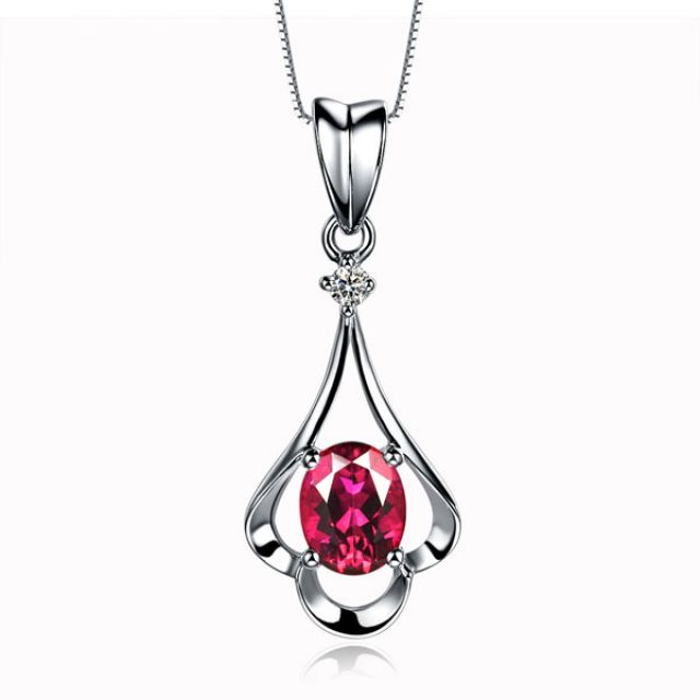 Pendentif solitaire - Or blanc - Rubis et diamant en pendeloque