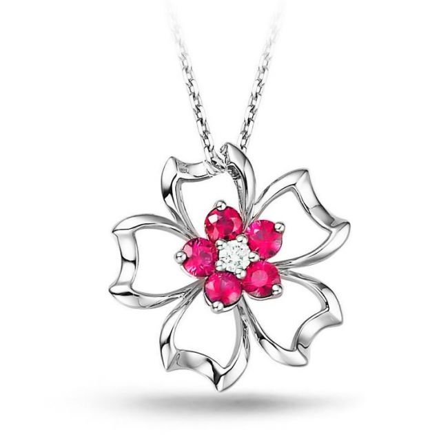 Pendentif fleur 5 feuilles - Or blanc 18 carats - Rubis 0.30 ct