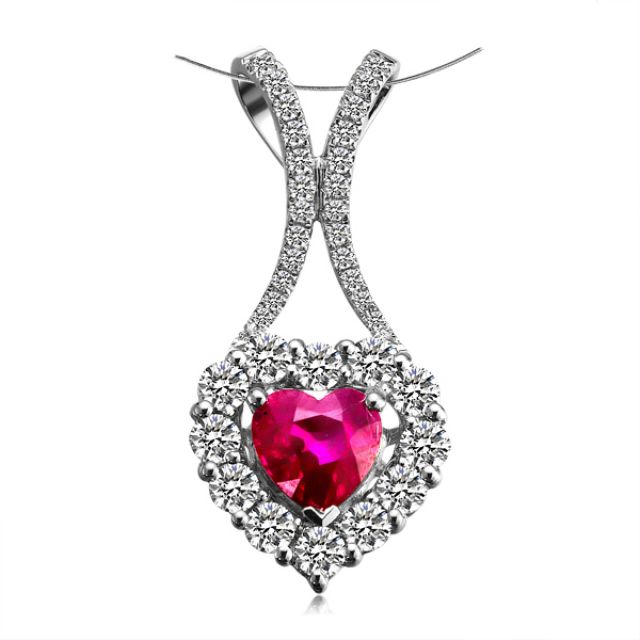 Pendentif coeur or blanc - Rubis et diamants en pendeloque