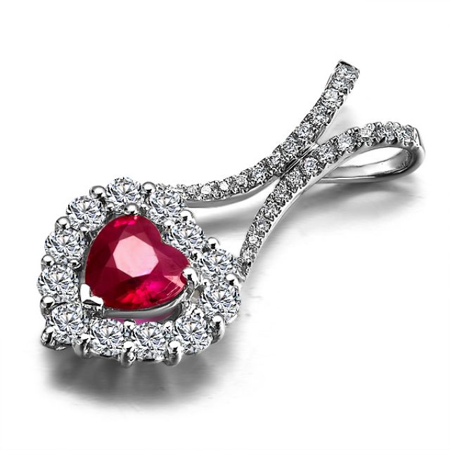 Pendentif coeur or blanc - Rubis et diamants en pendeloque