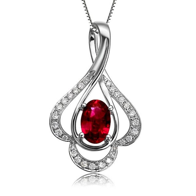 Pendentif solitaire Or blanc - Rubis et diamants en pendeloque