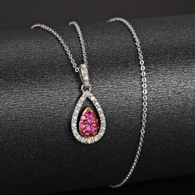 Pendentif pétale or blanc - 2 pétales superposées - Rubis et diamants en pendeloque