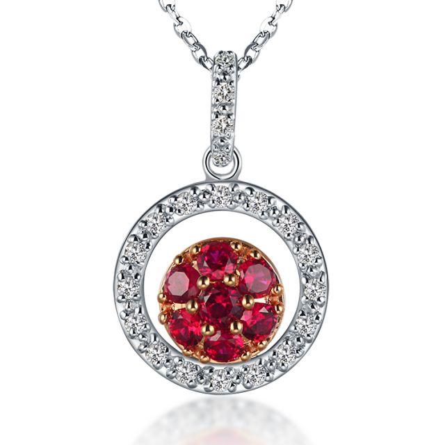 Pendentif rond en or blanc - Rubis et diamants en pendeloque double