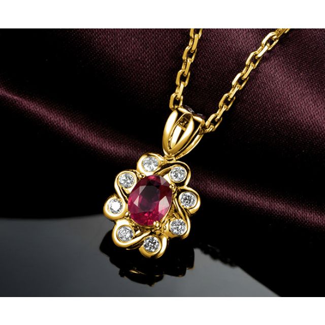 Pendentif fleur rubis diamant en Or jaune