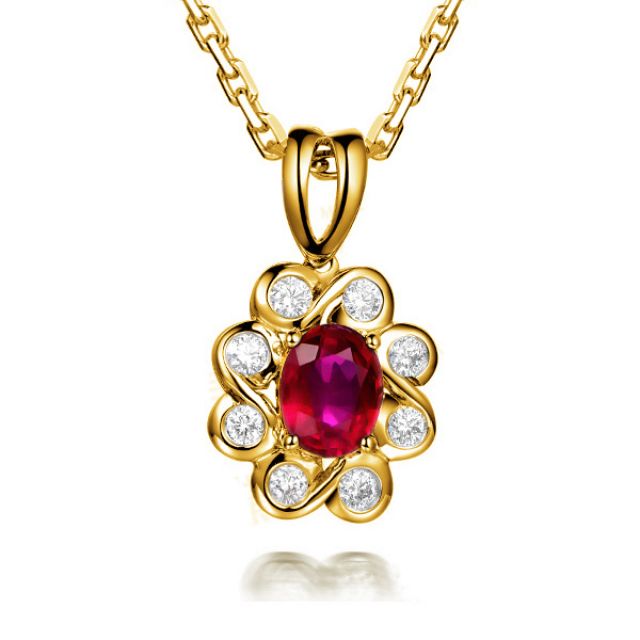 Pendentif fleur rubis diamant en Or jaune