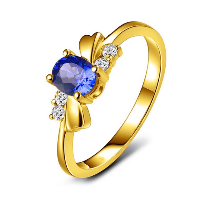 Bague saphir solitaire - Or jaune 18 carats - Sertissage diamants