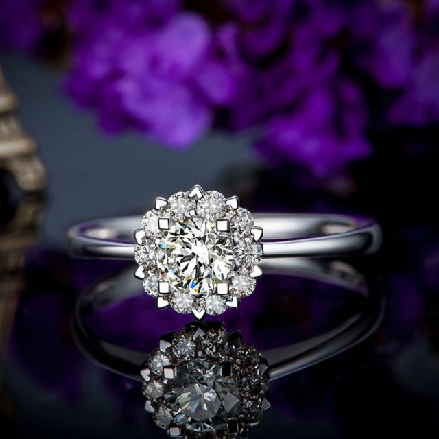 Bague Or Blanc Solitaire - Coeur Caillouté - Diamants pavés | Coeur Caillouté