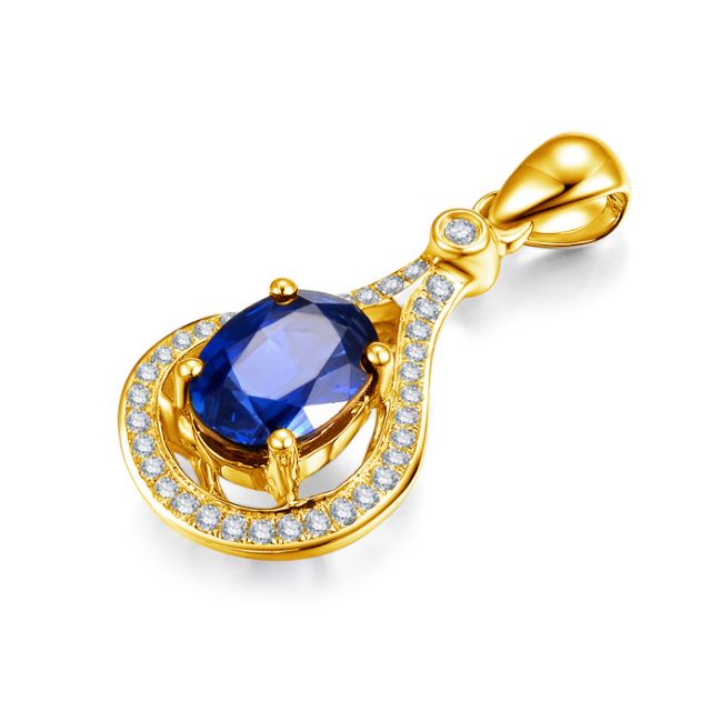 Saphir et diamant sur Or jaune - Pendentif oval