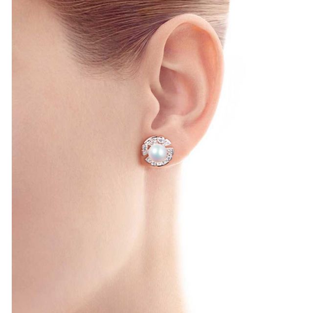 Boucles Oreilles Fleur Luxe. Perles Akoya, Or blanc, Diamants