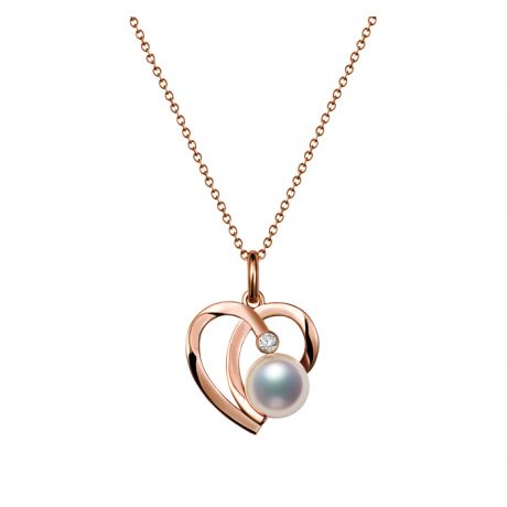 Pendentif et Boucles coeurs stylisés. Perles Akoya, Or rose
