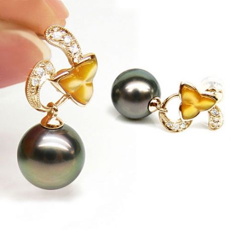Boucles d'oreilles nacre dorée - Perles de Tahiti - Or jaune, diamant