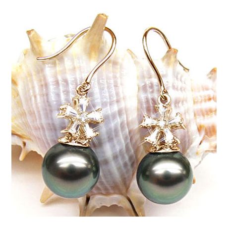 Boucles d'oreilles perles Tahiti - Création florale - Or jaune, diamants