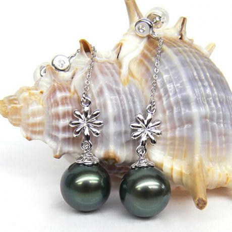 Boucles oreilles fleurs naturelles - Chainettes or blanc - Perles Tahiti