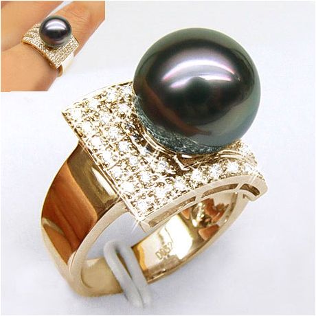 Bague style opulent - Perle Tahiti noire, bronze - Or jaune, diamants
