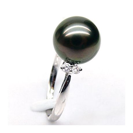 Bague solitaire perle de Tahiti -  Or blanc, diamants sertis grains