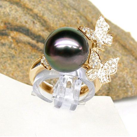 Bague papillons gracieux - Perle de Tahiti - Or jaune, diamants