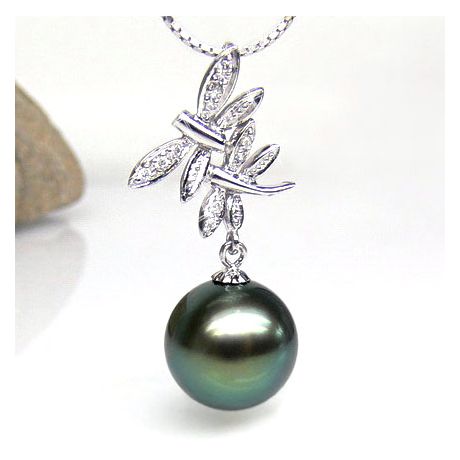 Pendentif libellules - Couple volant - Perle Tahiti, or blanc, diamants