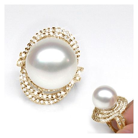 Bague perle d'Australie - Pavage diamants luminescents - Or jaune