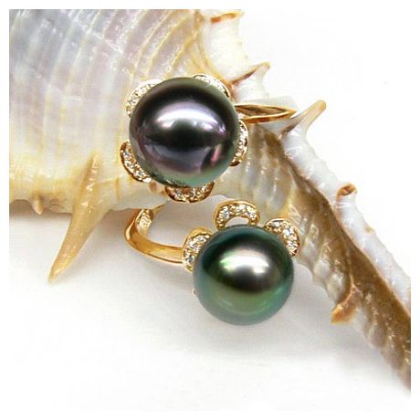 Bague You and Me - Perles Tahiti vertes, aubergines - Or jaune, diamants