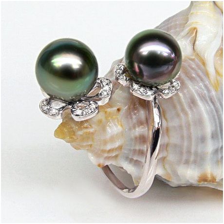 Bague You and Me - Perles Tahiti vertes, aubergines - Or blanc, diamants
