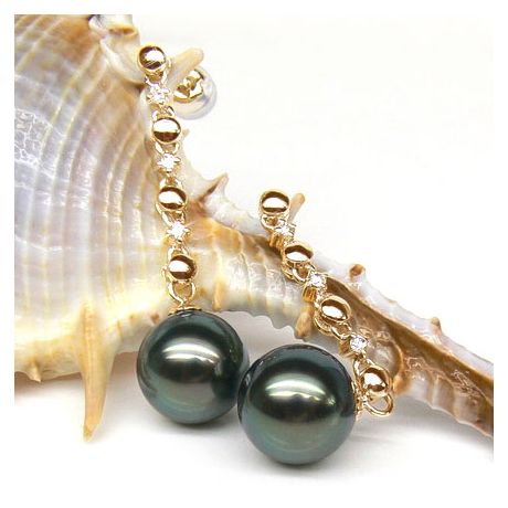 Boucles oreilles chainettes - Perles de Tahiti - or jaune, diamants