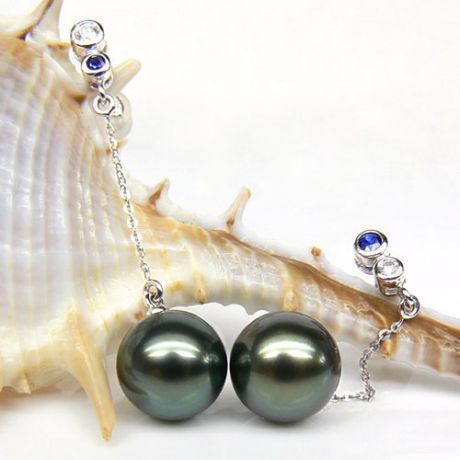 Boucles d'oreilles en or - Perles de Tahiti - Or blanc, diamants, saphirs