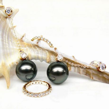 Boucles oreilles cercles diamantés - Perles de Tahiti noires - Or jaune