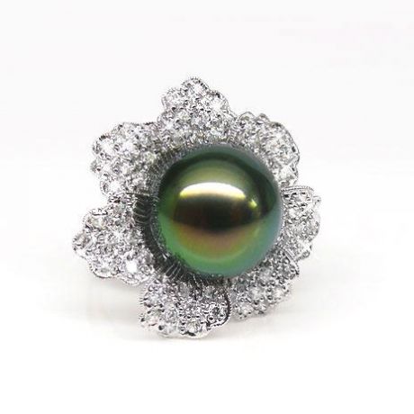 Bague perle de Tahiti - Pétales, fleur pavée de diamants - Or blanc