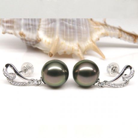 Boucles oreilles coeurs - Perles de Tahiti paons aubergines - Or blanc