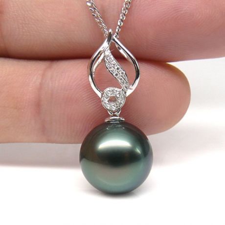 Pendentif feuille or blanc diamanté - Perle de Tahiti noire, bleue verte