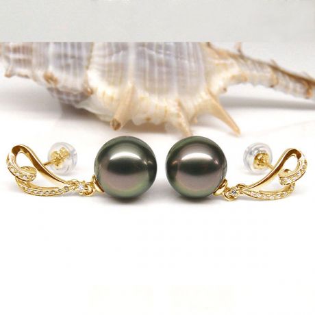 Boucles oreilles coeurs - Perles de Tahiti paons aubergines - Or jaune