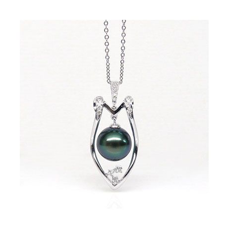 Pendentif protection - Bouclier - Perle de Tahiti - Or blanc, diamants