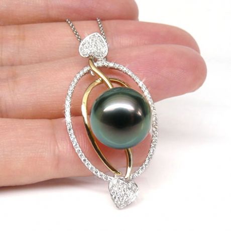 Pendentif 2 coeurs flamboyants - Perle de Tahiti - 2 ors, diamants