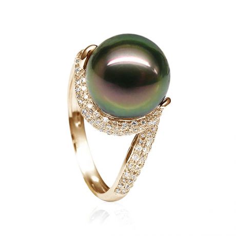 Bague perle de polynésie, Tahiti - Or jaune, diamants micro sertis