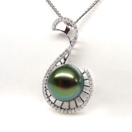 Pendentif Nature - Grâce du cygne - Perle de Tahiti - Or blanc, diamants