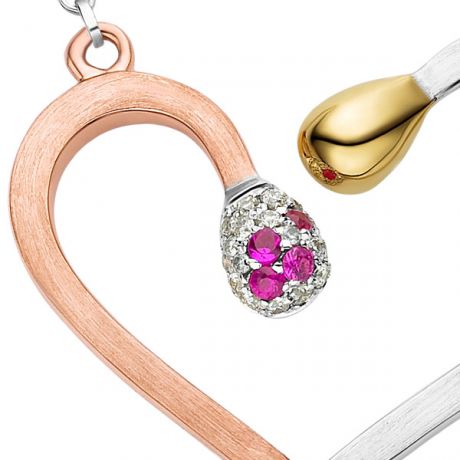 Collier pendentif 3 Ors - 2 allumettes courbées - Diamants, rubis